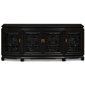 Black Elmwood Chinese Longevity Sideboard with Geometric Lattice Doors