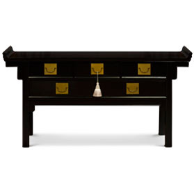 Matte Black Elmwood Chinese Qing Altar Motif Table with White Tassel