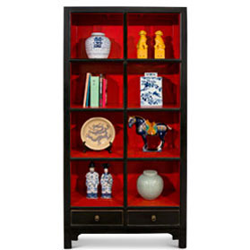 Distressed Black and Red Elmwood Zen Asian Bookcase