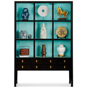 Distressed Black and Aqua Blue Elmwood Grand Zen Asian Bookcase