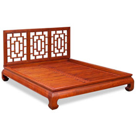 Honey Elmwood Ming Queen Size Chinese Platform Bed with Lattice Headboard