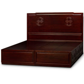 Dark Cherry Elmwood King Size Chinese Longevity Motif Platform Bed with 6 Drawers