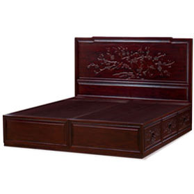 Dark Cherry Elmwood Flower and Bird King Size Oriental Platform Bed with Drawers