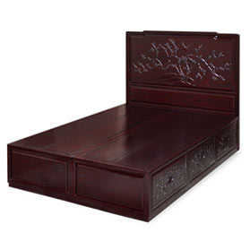 Dark Cherry Elmwood Flower and Bird Queen Size Oriental Platform Bed with Drawers