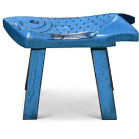 Hand Carved Distressed Blue Wooden Carp Asian Stool