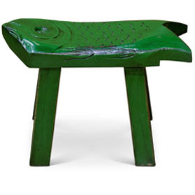 Hand Carved Distressed Green Wooden Carp Asian Stool