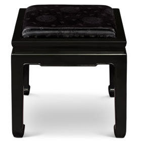 Black Elmwood Chinese Ming Bench with Black Longevity Silk Cushion