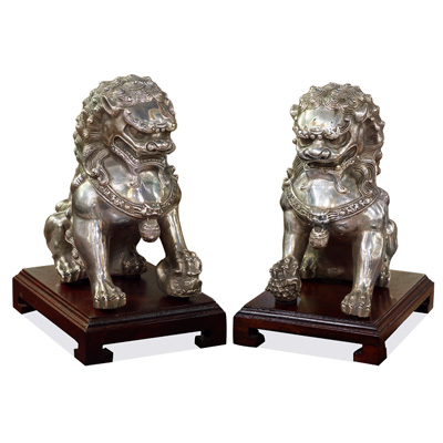Silver Plated Foo Dog Oriental Figurine Set