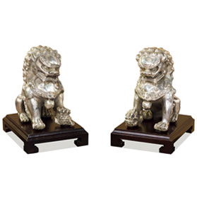 Silver Plated Foo Dog Oriental Figurine Set