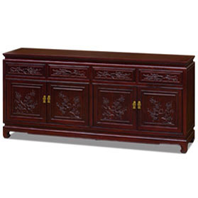 Dark Cherry Elmwood Bird and Flower Motif Oriental Sideboard