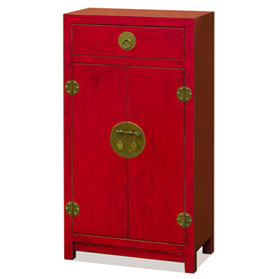 Slim Distressed Red Elmwood Chinese Ming Cabinet