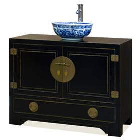 Distressed Black Elmwood Chinese Ming Vanity Cabinet