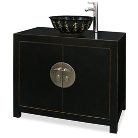 Distressed Black Elmwood Chinese Ming Vanity Cabinet