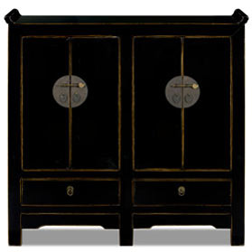 Distressed Black Elmwood Altar Style Ming Oriental Cabinet