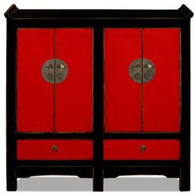 Distressed Red and Black Elmwood Altar Style Ming Cabinet