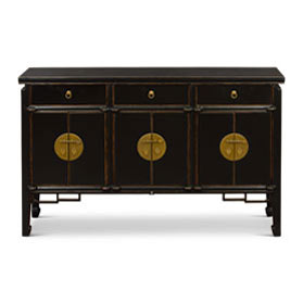 Distressed Black Elmwood Oriental Peking Sideboard