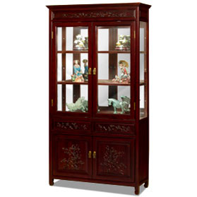 Dark Cherry Elmwood Flower and Bird Design Oriental Curio Cabinet