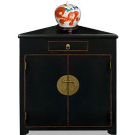 Distressed Black Elmwood Ming Style Oriental Corner Cabinet