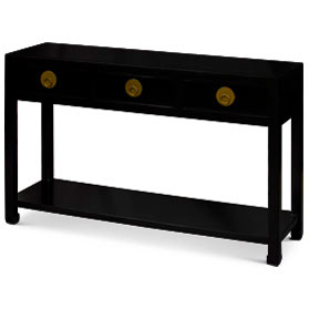 Matte Black Elmwood Chinese Ming Console Table with 3 Drawers and Shelf