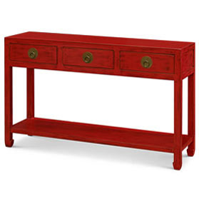 Distressed Red Elmwood Chinese Ming Console Table  with 3 Drawers and Shelf