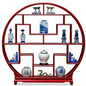 Distressed Red Grand Elmwood Asian Moon Curio Stand