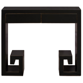 Distressed Black Elmwood Modern Chinese Console Table with Scroll Key Design