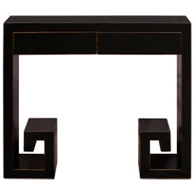 Distressed Black Elmwood Modern Chinese Console Table with Scroll Key Design