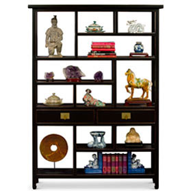 Distressed Black Elmwood Asian Curio Display Bookshelf