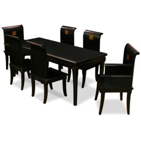 Distressed Black Elmwood Zhou Yi Design Rectangle Oriental Dining Set with 6 Chairs