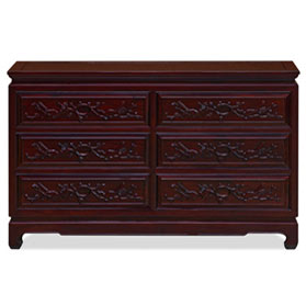 Dark Cherry Elmwood Flower and Bird Motif Oriental Chest of Drawers