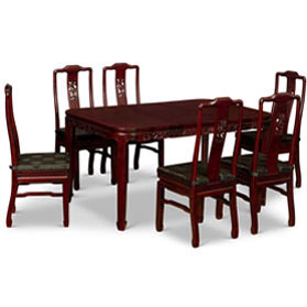 Dark Cherry Elmwood Dragon Motif Rectangle Oriental Dining Set with 6 Chairs