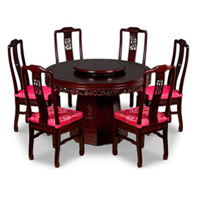 Dark Cherry Elmwood Flower and Bird Round Oriental Dining Set with 6 Chairs