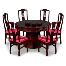 Dark Cherry Elmwood Flower and Bird Round Oriental Dining Set with 6 Chairs