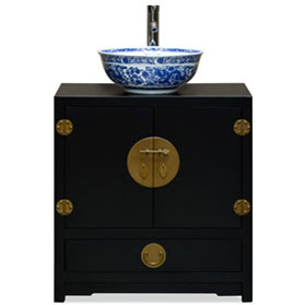 Matte Black Elmwood Chinese Ming Vanity Cabinet