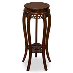 Mahogany Finish Elmwood Flower Motif Oriental Pedestal with Flower Base