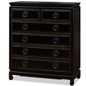 Distressed Black Elmwood Chinese Longevity High Chest of Drawers