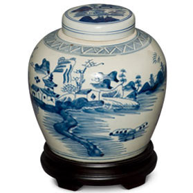 Blue and White Village Landscape Motif Porcelain Chinese Jar