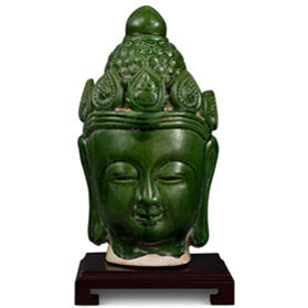 Green Glazed Ceramic Enlightened Buddha Head Asian Statue
