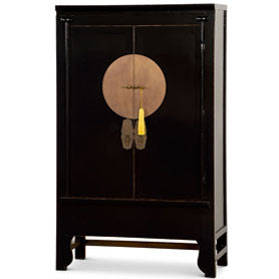 Distressed Black Elmwood Chinese Ming Wedding Armoire with Yellow Tassel