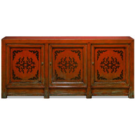 Hand Painted Distress Orange Elmwood Tibetan Cabinet