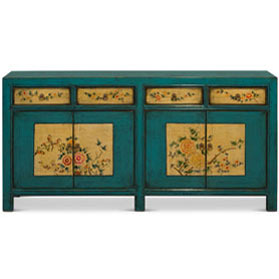 Hand Painted Distressed Aqua Blue Flower and Bird Elmwood Tibetan Sideboard