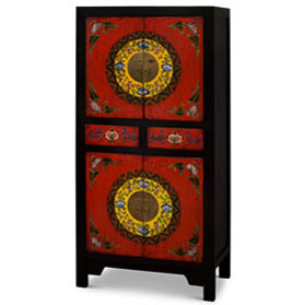 Red and Black Elmwood Flower Motif Tibetan Tall Cabinet