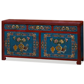 Distressed Red and Blue Flower Vase Motif Elmwood Oriental Cabinet