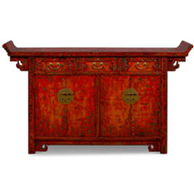 Vintage Elmwood Distressed Orange Red Altar Style Oriental Sideboard