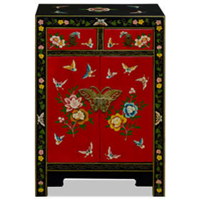 Red and Black Hand Painted Elmwood Butterfly Motif Oriental Cabinet