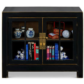 Distressed Black Elmwood Ming Style Asian Cabinet with Glass Doors