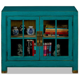 Distressed Teal Elmwood Ming Style Asian Cabinet with Glass Doors