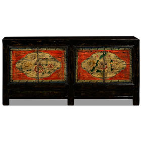 Vintage Hand Painted Lotus and Peony Motif Orange Elmwood Mongolian Cabinet