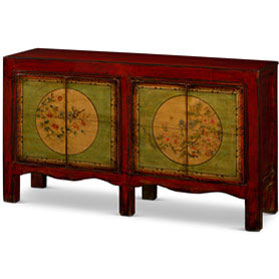Hand Painted Flower Motif Distressed Red and Lime Green Mongolian Elmwood Sideboard