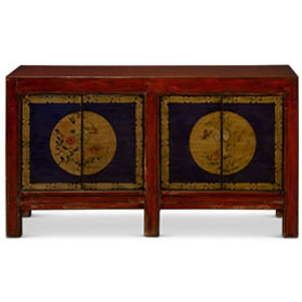 Hand Painted Flower Motif Distressed Red Yellow Blue Chinese Elmwood Sideboard